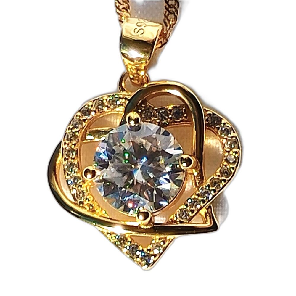 2 Carat Stone Moissanite 2 Heart Necklace - 14k Gold Vermeil -  18" Chain
